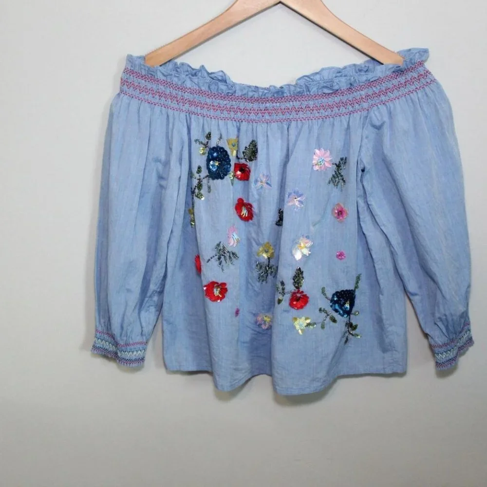 NWT Joie Off-the-Shoulder Floral Embroidered Chambray Top Blue Blouse Size XS - Picture 4 of 12